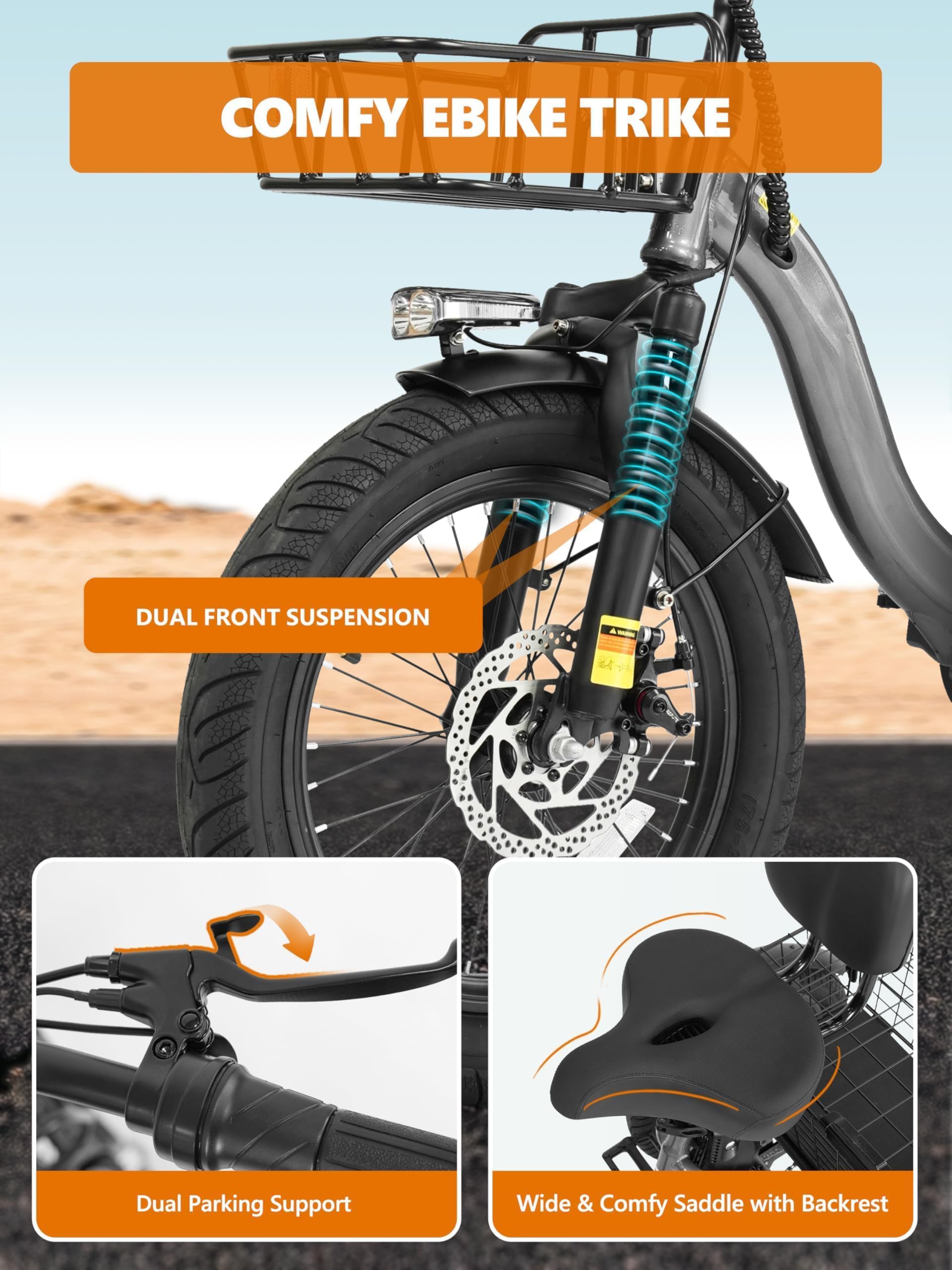 T300 Folding Electric Trike for Adults 1200W Peak 624Wh Fat Tire Step-Through