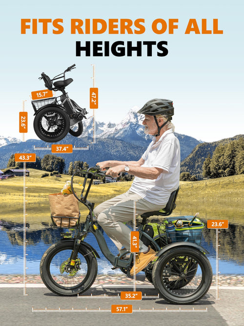 T300 Folding Electric Trike for Adults 1200W Peak 624Wh Fat Tire Step-Through