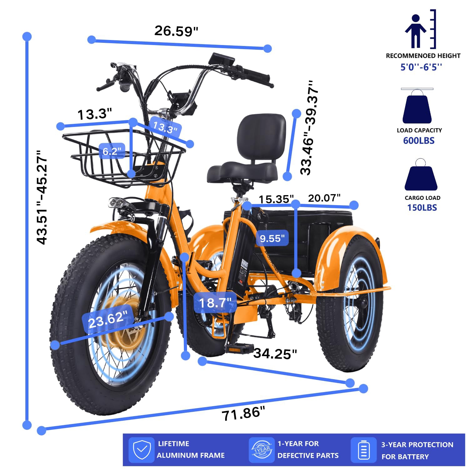 2.0 Folding Electric Trike for Adults 750W 48V 20Ah Fat Tire with Bluetooth Speaker