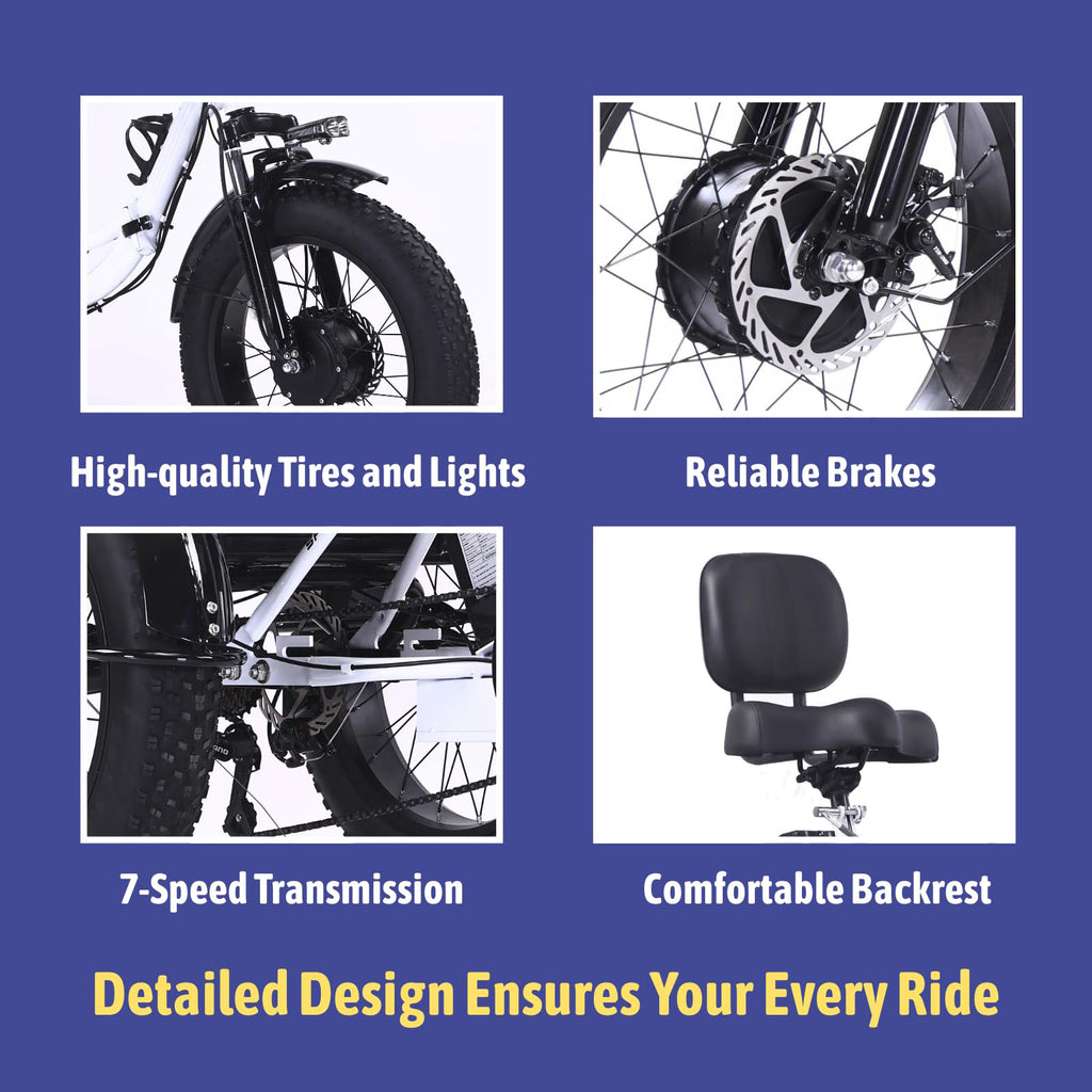 2.0 Folding Electric Trike for Adults 750W 48V 20Ah Fat Tire with Bluetooth Speaker
