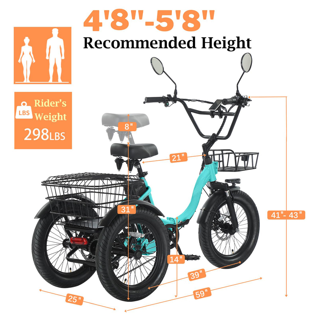 Folding Electric Trike for Adults 350W Step-Through Frame Green 468Wh Battery